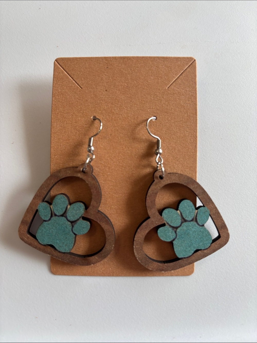 Fashion Jewelry Teal Paw Print Heart Wooden Drop Earrings